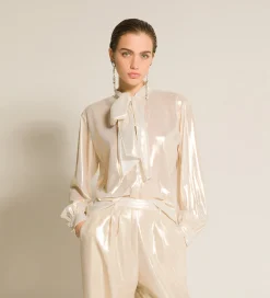 forte_forte blouse with bow in laminated georgette light gold^ Shirts