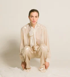 forte_forte blouse with bow in laminated georgette light gold^ Shirts