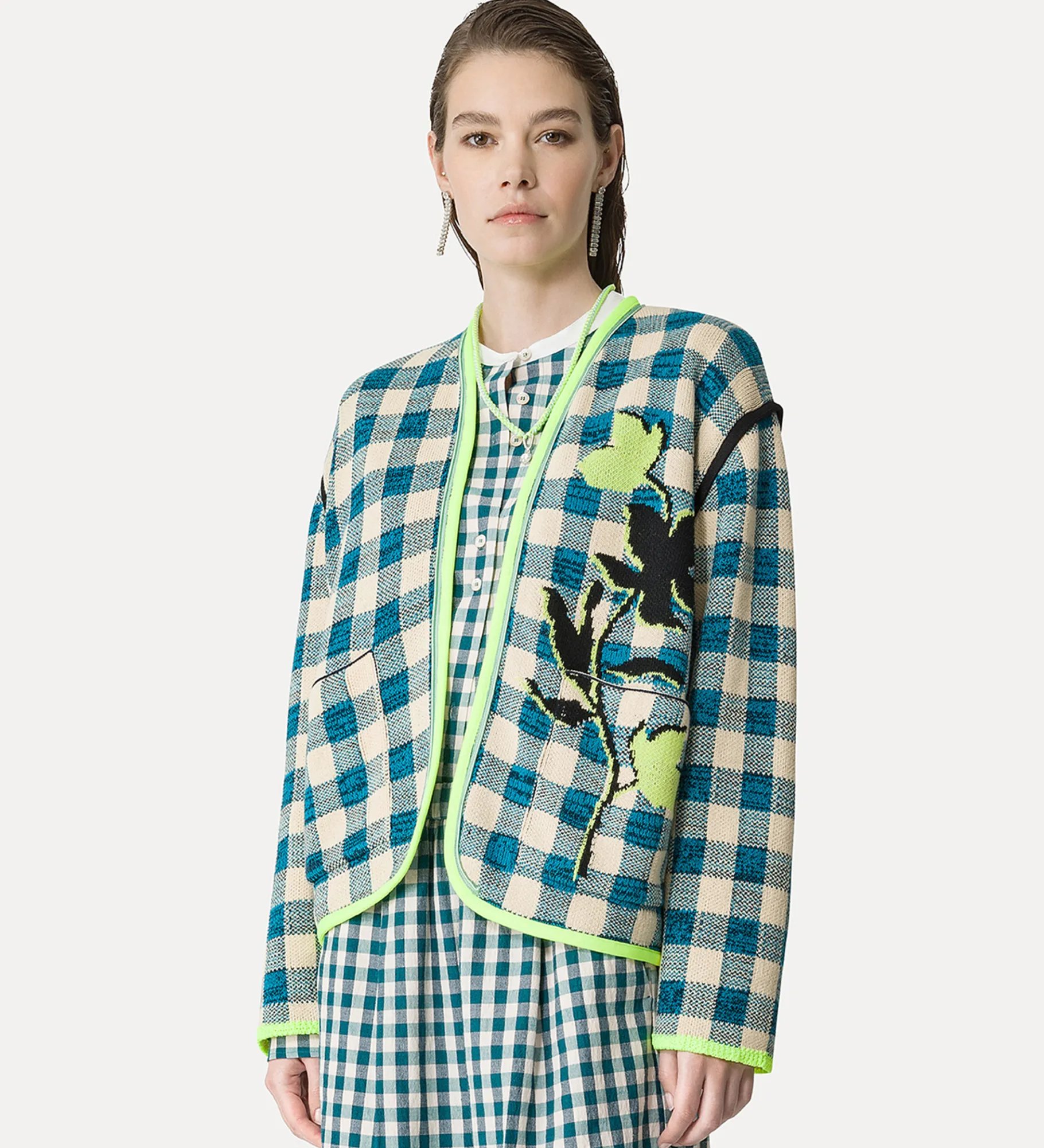 forte_forte checked jacket peacock^ Knitwear