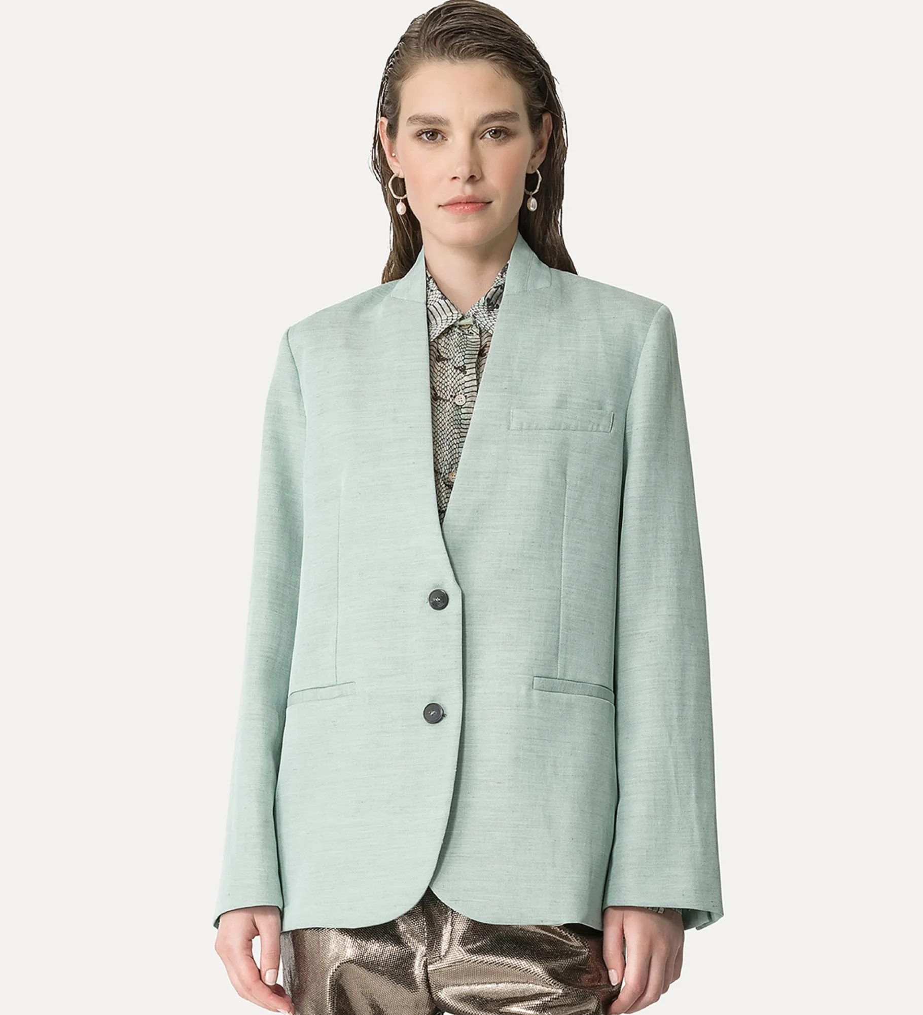 forte_forte collarless jacket in a light–blue linen blend breeze^ Jackets