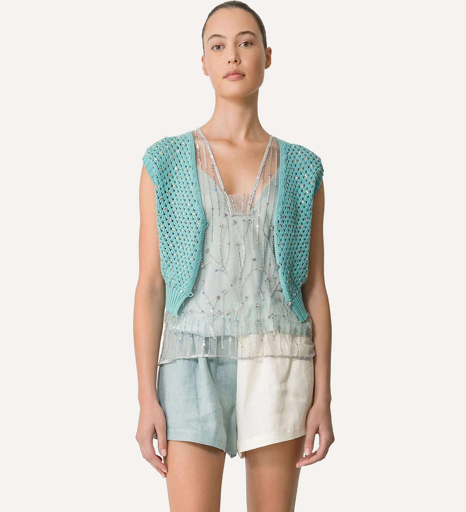 forte_forte cotton vest for women with crystal embellishment acqua^ Knitwear | Tops