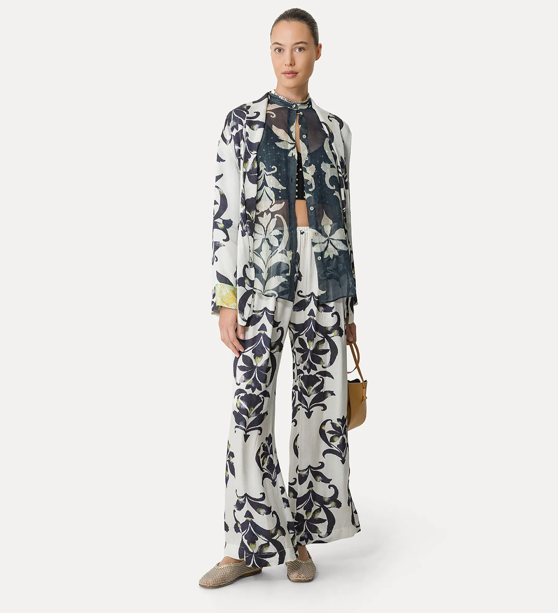 forte_forte flared satin trousers with “the secret lily” pattern orchidea^ Pants