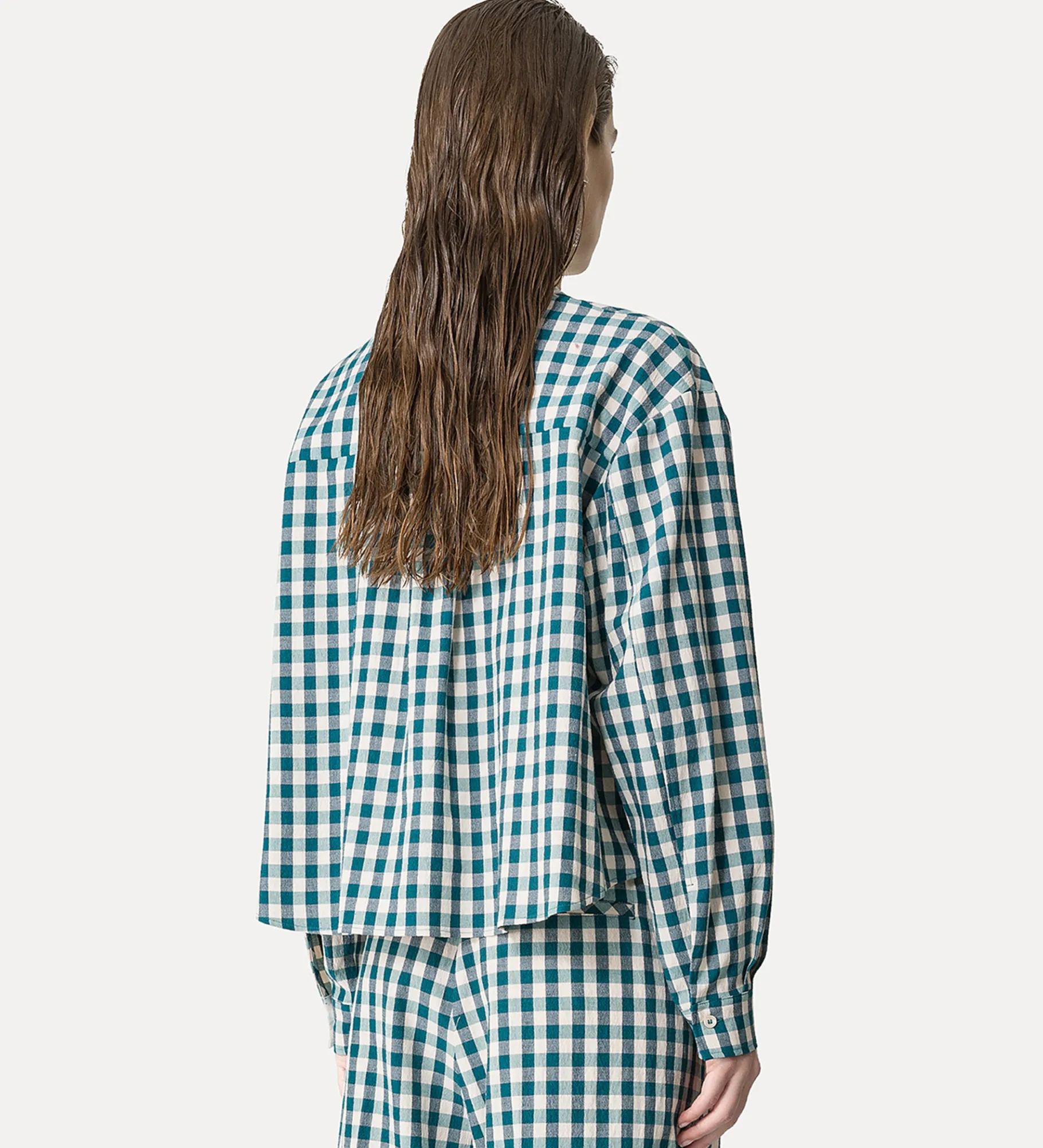 forte_forte granddad–collar shirt in a gingham check peacock^ Shirts