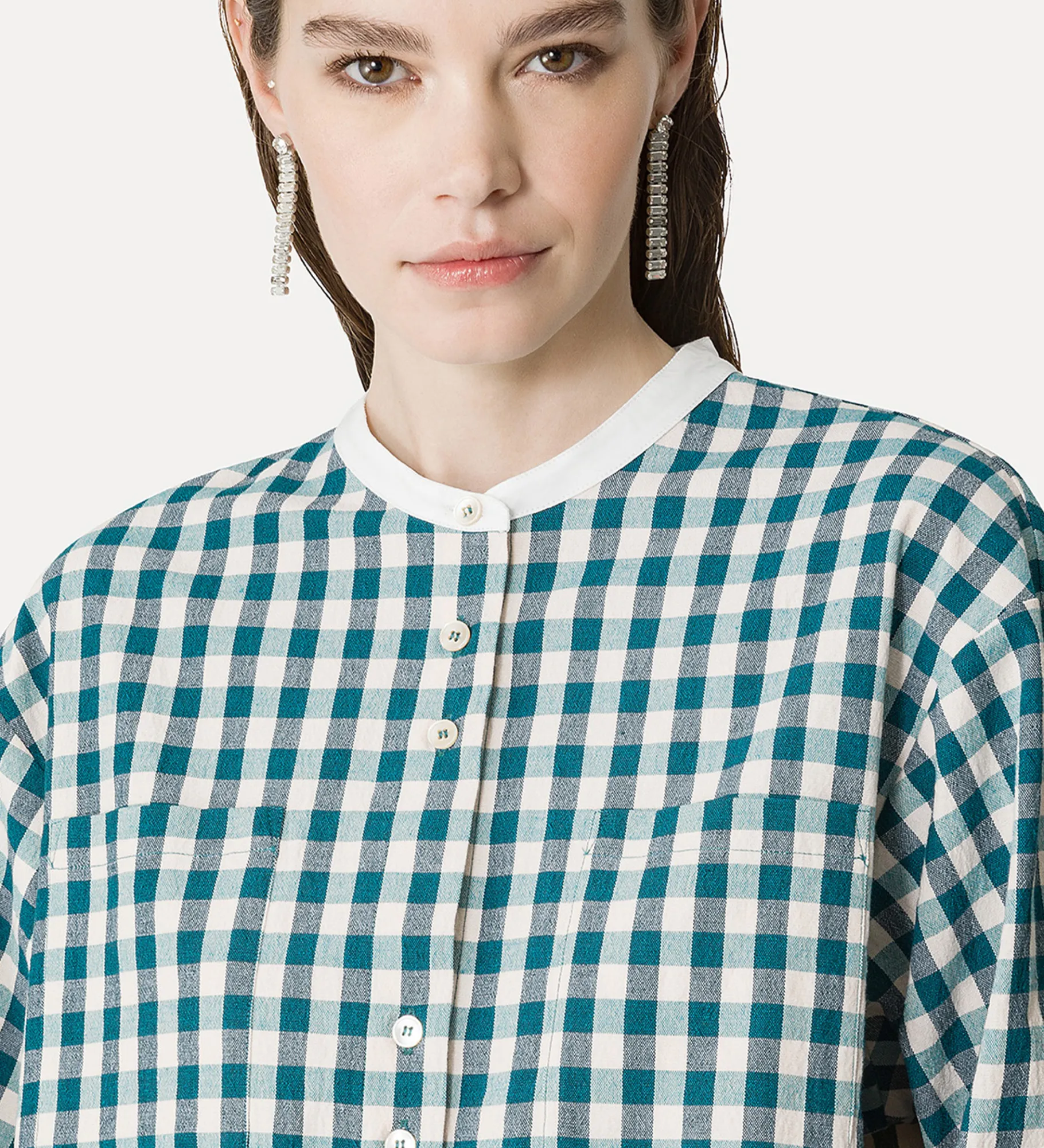forte_forte granddad–collar shirt in a gingham check peacock^ Shirts