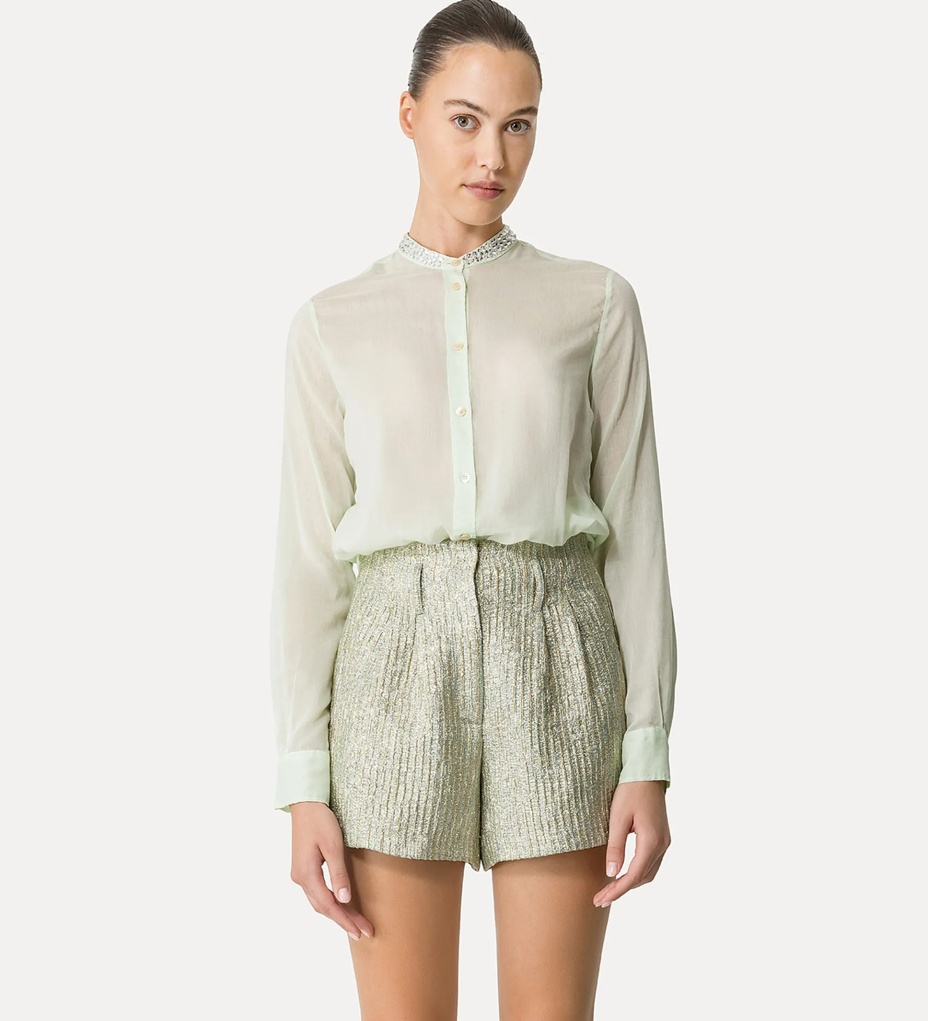 forte_forte granddad–collar shirt in voile mint^ Shirts