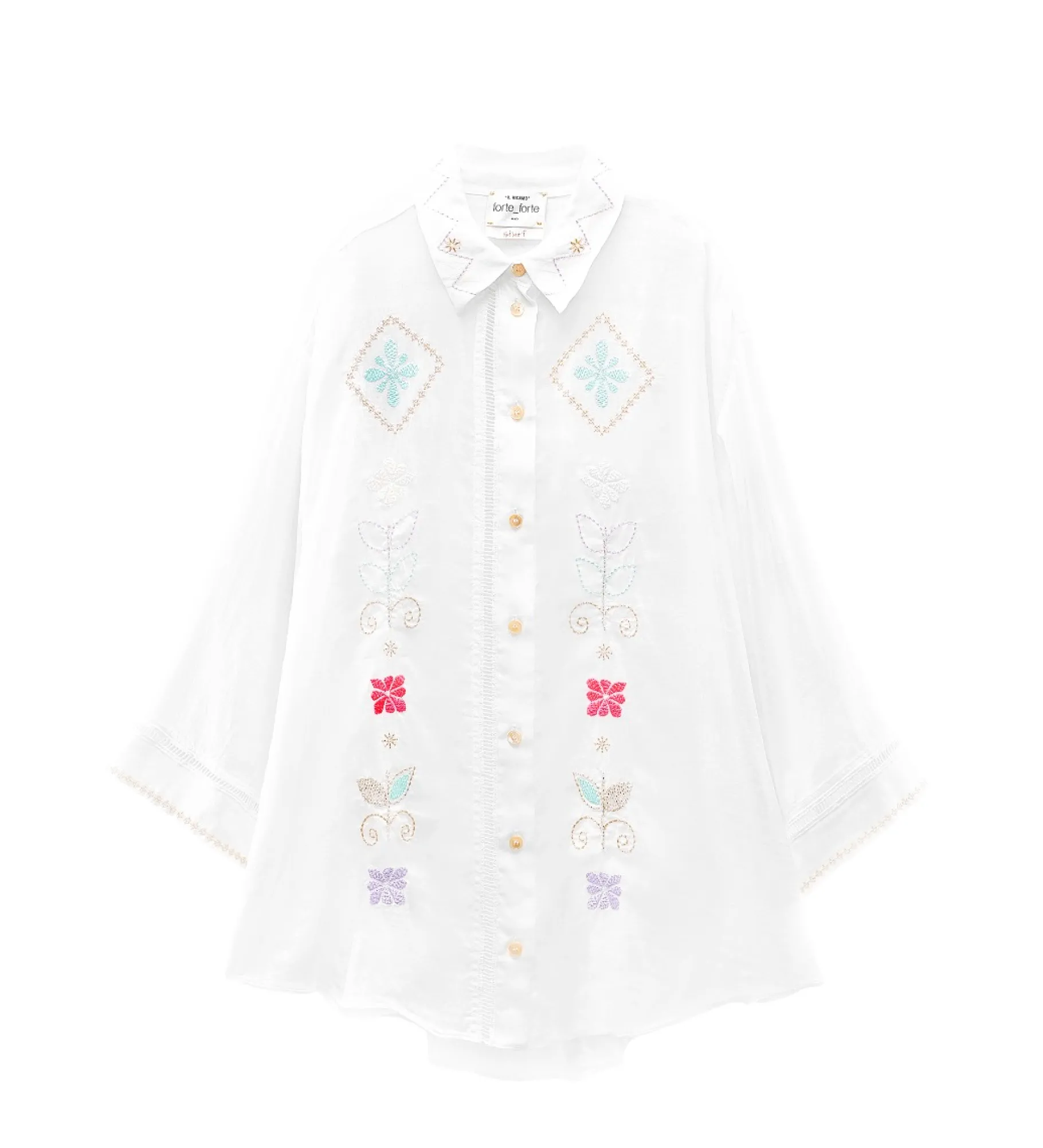 forte_forte half–sleeve voile shirt with “oniric blossom” embroidery pattern bianco^ Shirts